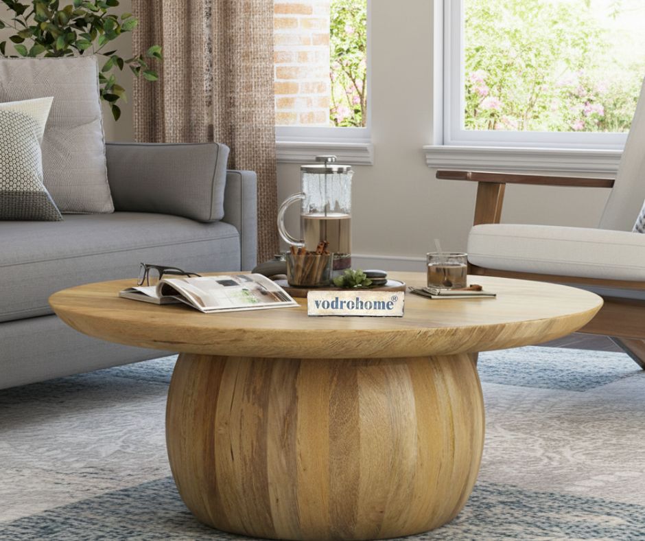 vodrohome solid mango wood coffee table – round coffee table – bohemian solid wood coffee table for office and living room C#057