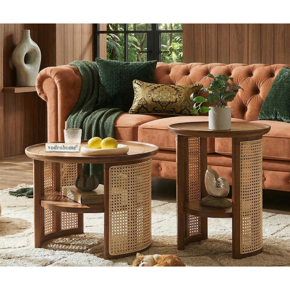 vodrohome Rattan Coffee Table with side table – cane center table with shelf for storage – bohemian solid Mango wood set of center and side table office and living room  C#038