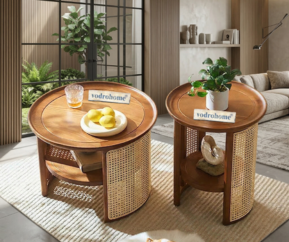 vodrohome Rattan Coffee Table with side table – cane center table with shelf for storage – bohemian solid Mango wood set of center and side table office and living room  C#038