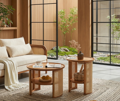 vodrohome Rattan Coffee Table with side table – cane center table with shelf for storage – bohemian solid Mango wood set of center and side table office and living room  C#038
