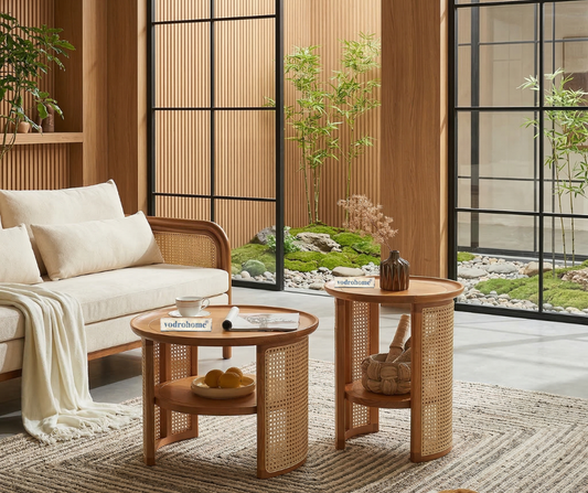vodrohome Rattan Coffee Table with side table – cane center table with shelf for storage – bohemian solid Mango wood set of center and side table office and living room  C#038