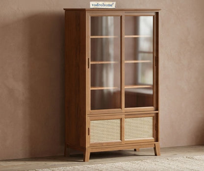 vodrohome® solid wood crockery cabinet | sliding door book shelf capacity 75 books | kitchen display unit walnut finish 88x46x149 CM Di#002