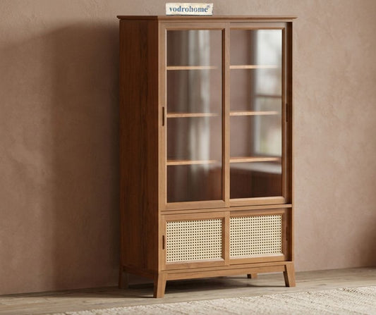 vodrohome® solid wood crockery cabinet | sliding door book shelf capacity 75 books | kitchen display unit walnut finish 88x46x149 CM Di#002