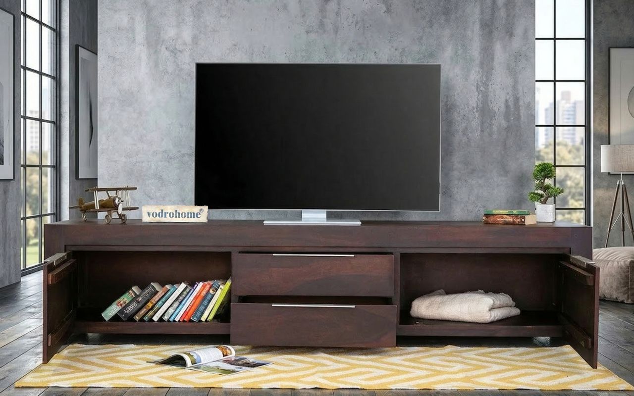 vodrohome Accacia Wood / Sheesham Wood Tv unit consol with storage - Tv Cabinet Entertainment unit 203x 50.8 x 53 TV#026