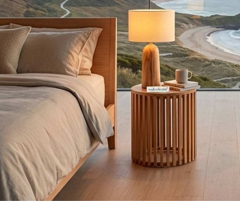 Vodrohome solid wood slatted side table with natural deco – round end table – acacia wood night stand table  40x40x45 cm S#056