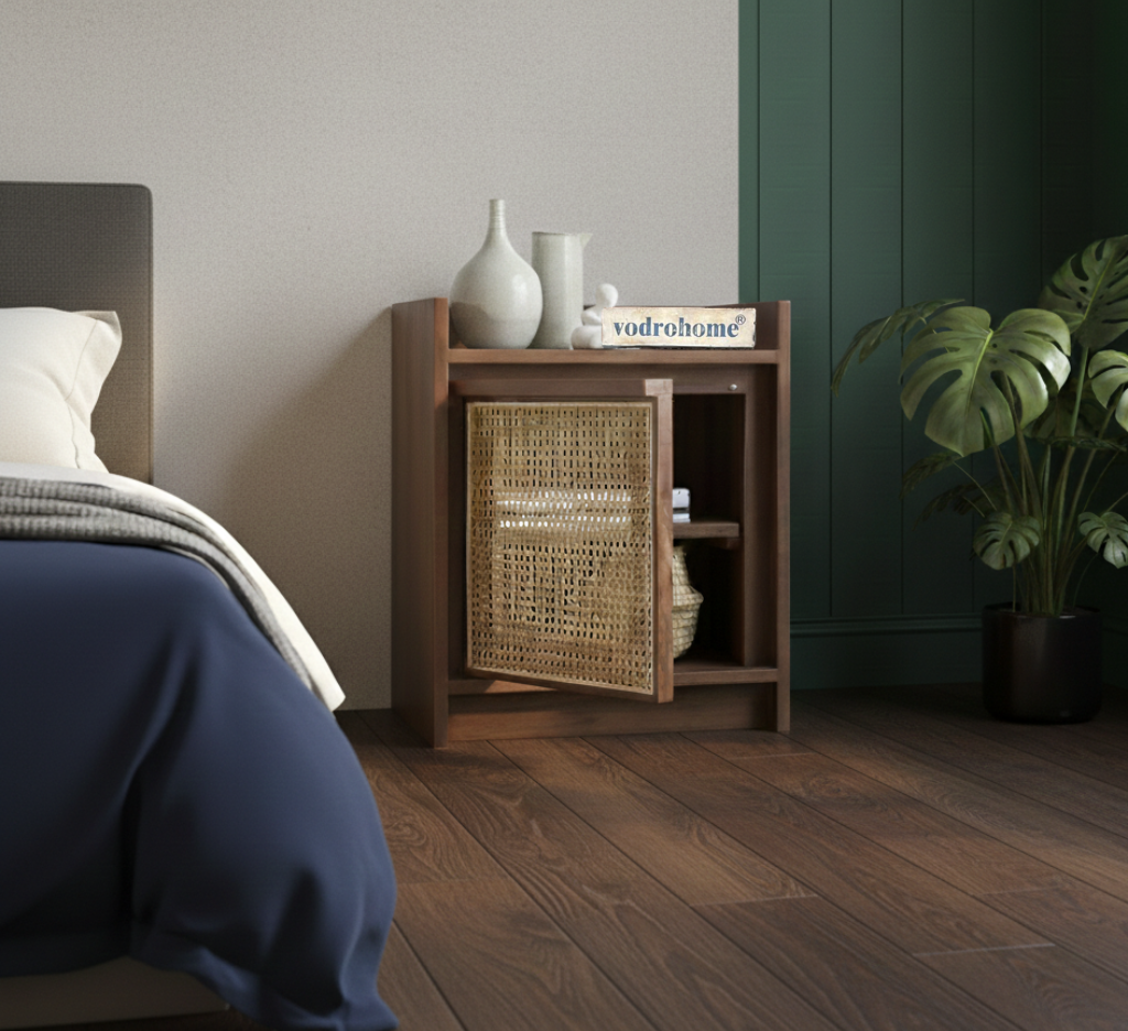 Vodrohome solid accacia wood rattan bedside table with removable Shelf – Hawamahal collection cane side table  50x40x60 cm S#003