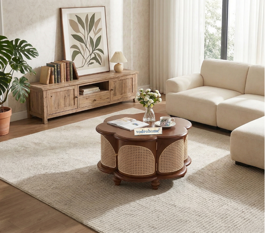 vodrohome Designer Solid Wood & Rattan Round Modern Pedestal Coffee Table with Hidden Storage Unique irregular cocktail tables C#084