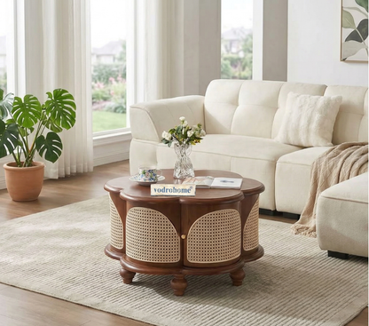 vodrohome Designer Solid Wood & Rattan Round Modern Pedestal Coffee Table with Hidden Storage Unique irregular cocktail tables C#084