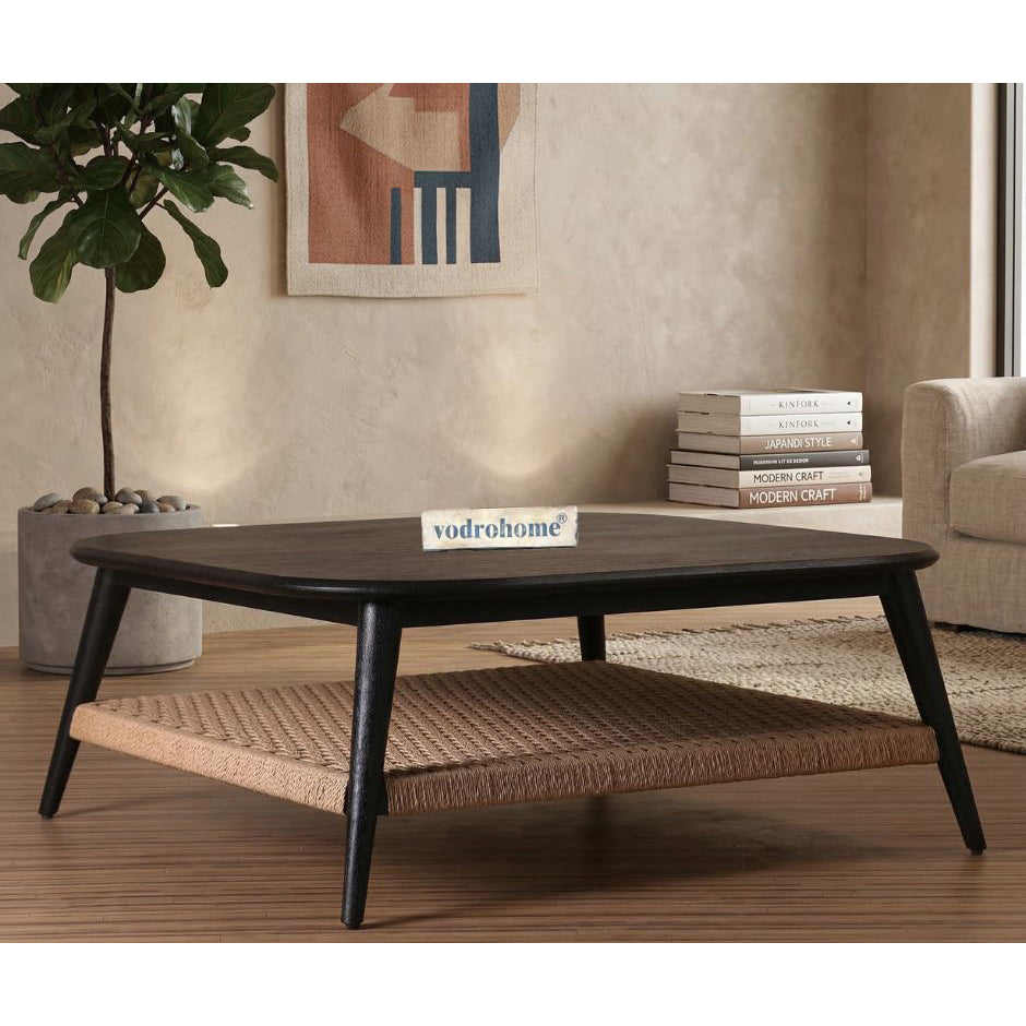 vodrohome guthai coffee table – bohemian center table with jute hand weaving shelf -  mango wood gujrati sofa set table teapoy C#039