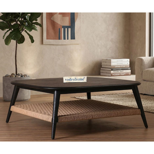 vodrohome guthai coffee table – bohemian center table with jute hand weaving shelf -  mango wood gujrati sofa set table teapoy C#039