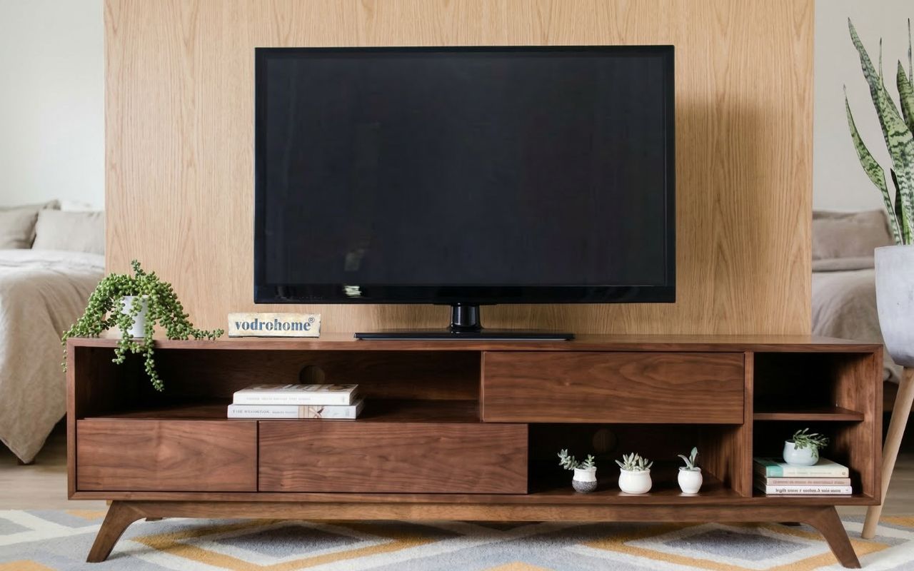 vodrohome modern tv unit cabinet with three drawer and four open compartments  – solid acacia wood tvc in honey finish 160x35x50 cm TV#005