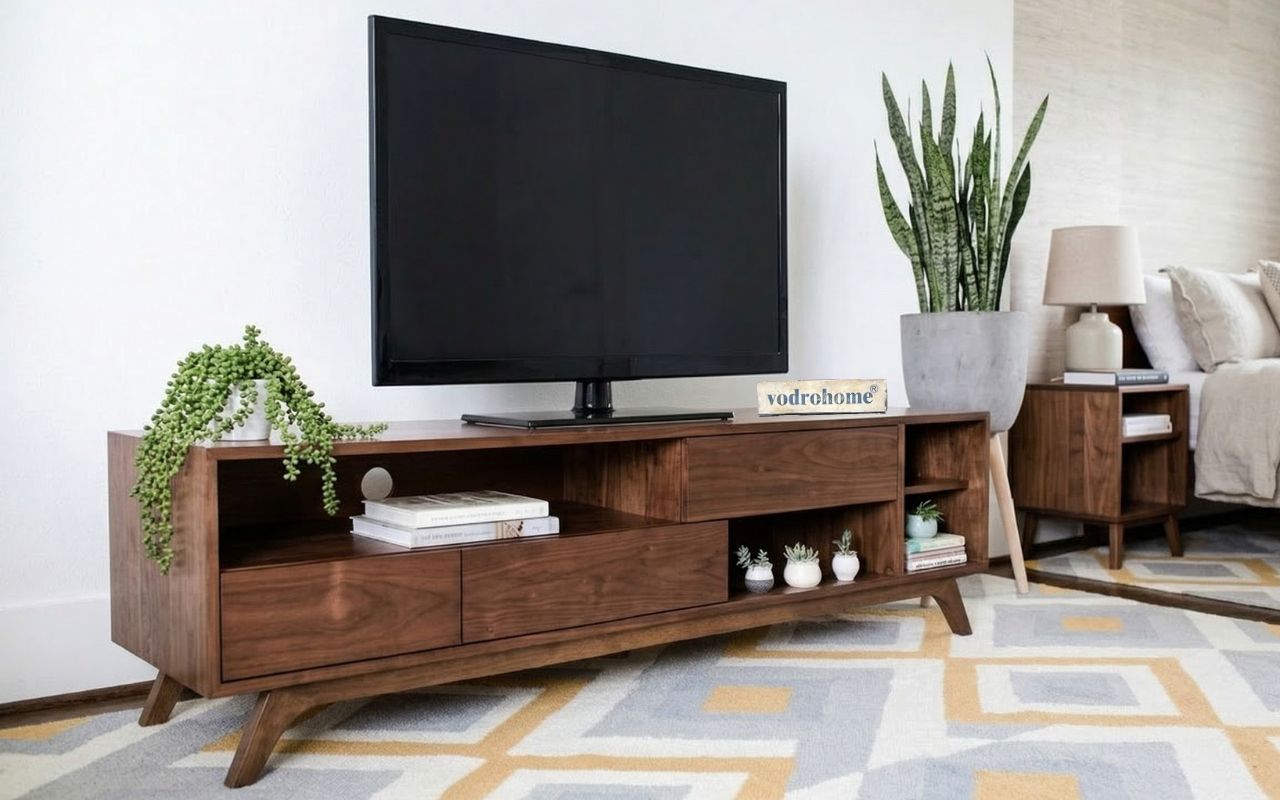 vodrohome modern tv unit cabinet with three drawer and four open compartments  – solid acacia wood tvc in honey finish 160x35x50 cm TV#005