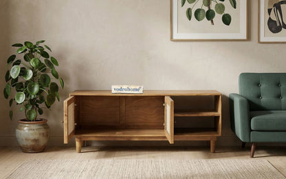 vodrohome tv unit cabinet with slatted door compartment natural – solid mango wood tvc – tv consol table with set up box shelf 120 x 35 x 52 cm  TV#016