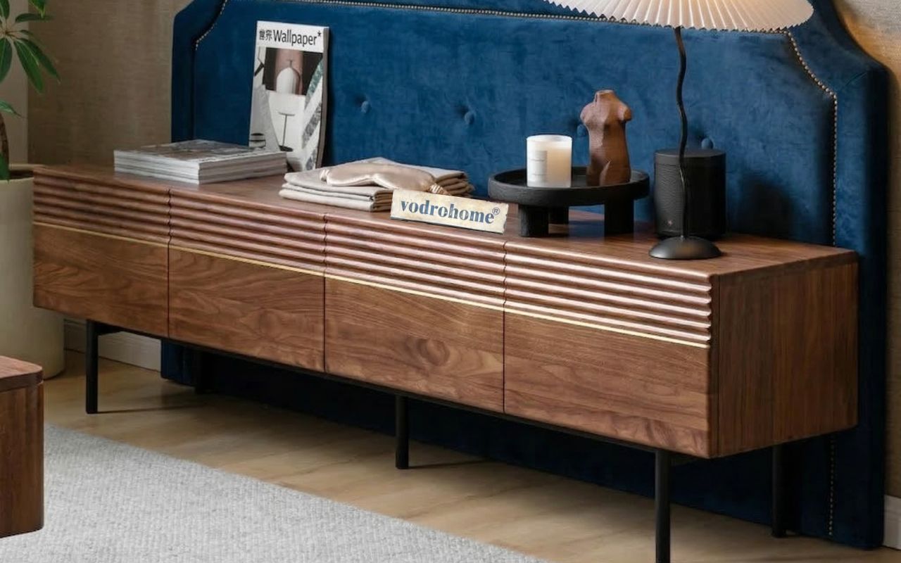 vodrohome modern tv unit cabinet walnut finish – solid acacia wood tvc in – tv consol table with set up box shelf  TV#009