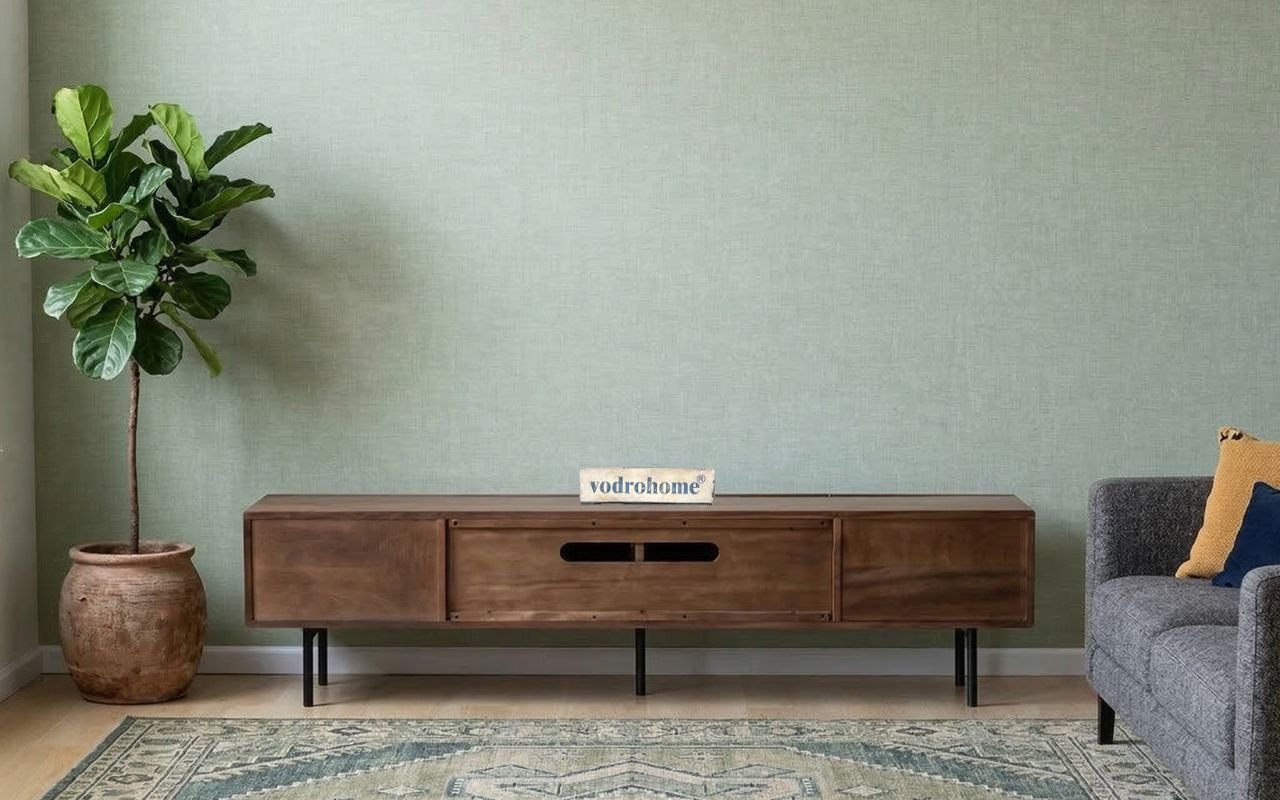 vodrohome modern tv unit cabinet walnut finish – solid acacia wood tvc in – tv consol table with set up box shelf  TV#009