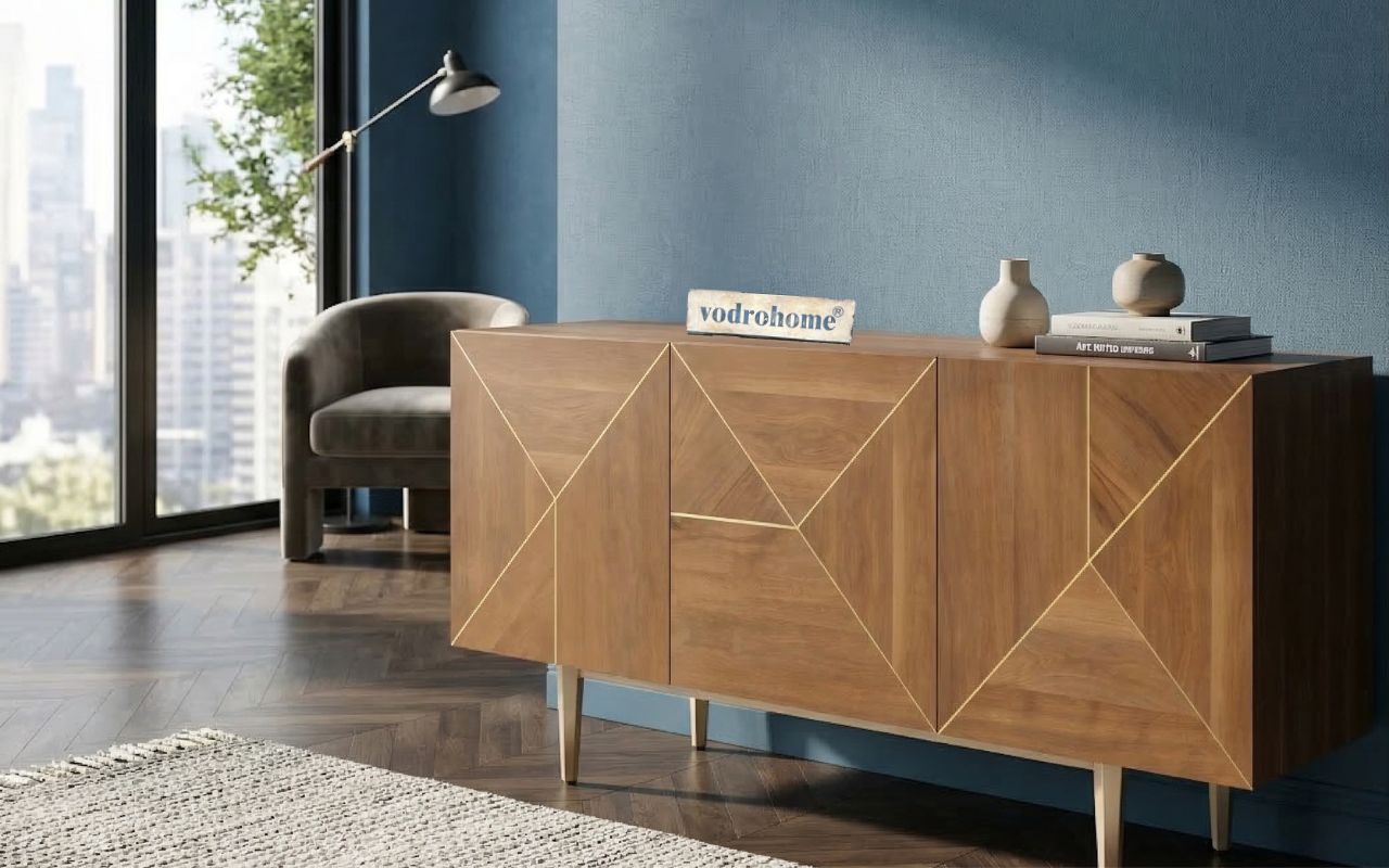 vodrohome luxury tv unit cabinet with geometrical design– solid  Acacia wood tvc with iron base – tv consol table with set up box shelf  TV#031