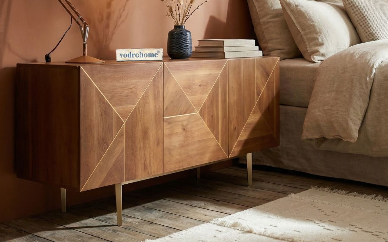 vodrohome luxury tv unit cabinet with geometrical design– solid  Acacia wood tvc with iron base – tv consol table with set up box shelf  TV#031