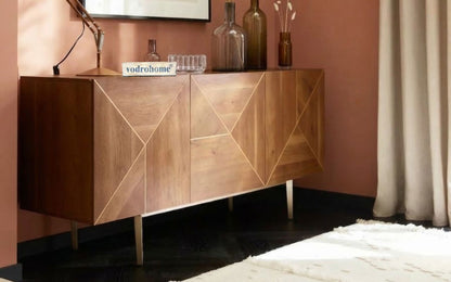vodrohome luxury tv unit cabinet with geometrical design– solid  Acacia wood tvc with iron base – tv consol table with set up box shelf  TV#031