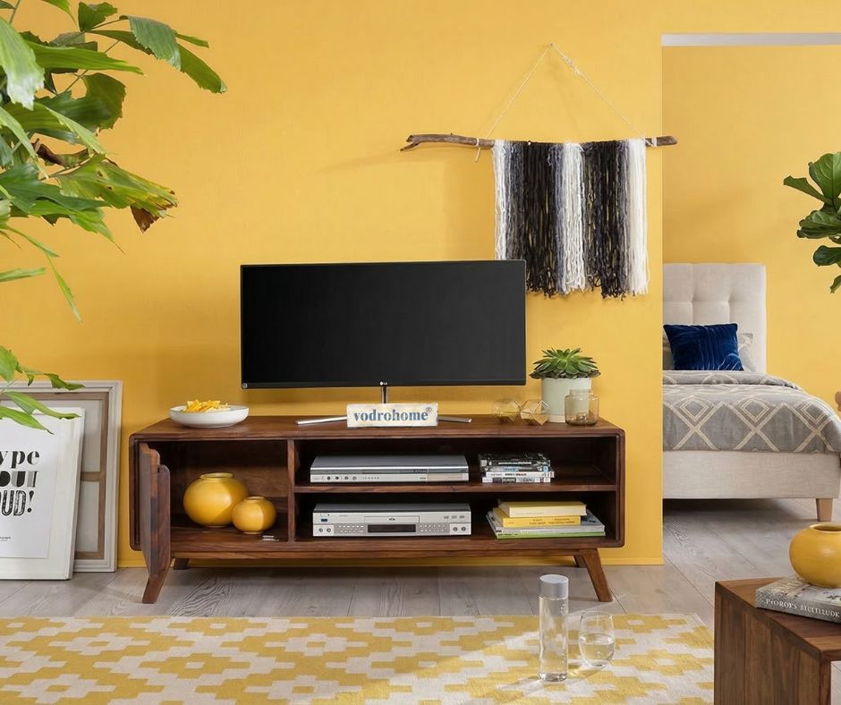 vodrohome modern tv unit with cabinet and set up box shelf – solid sheesham wood tvc in honey finish 134x45x55 cm TV#004