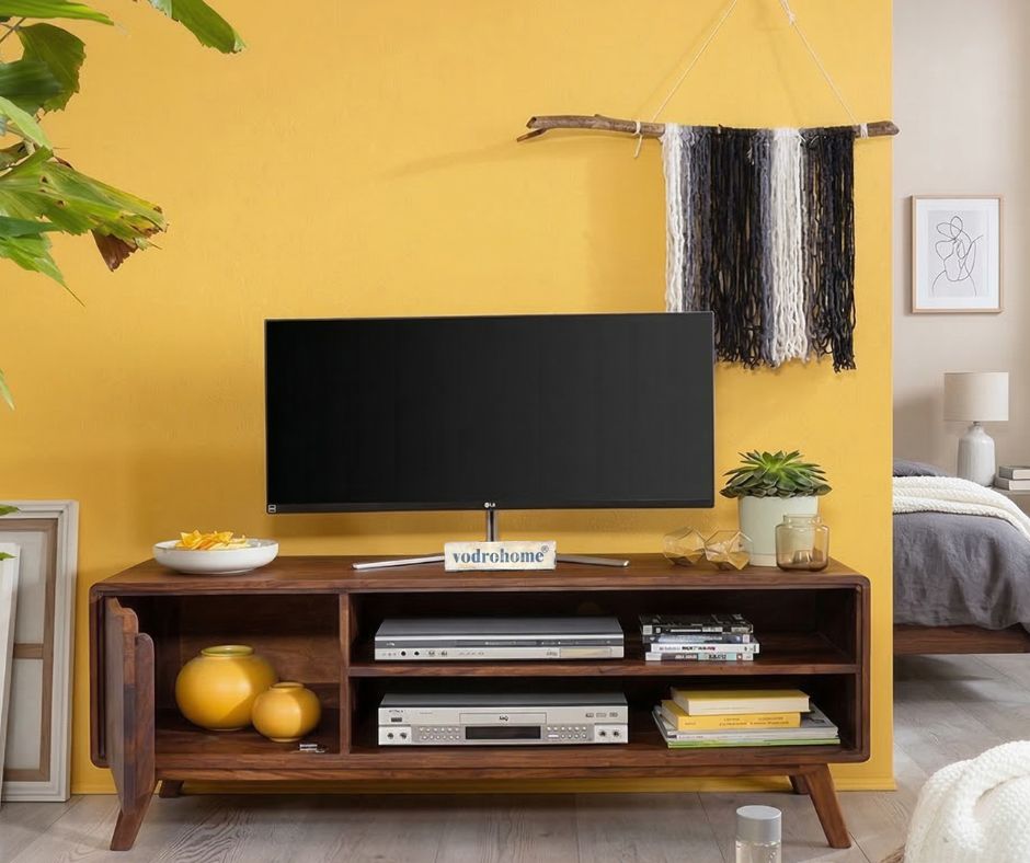 vodrohome modern tv unit with cabinet and set up box shelf – solid sheesham wood tvc in honey finish 134x45x55 cm TV#004