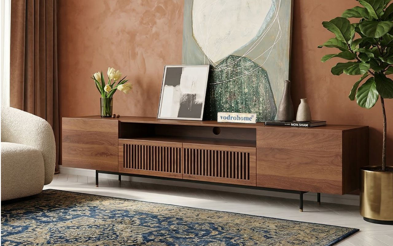 vodrohome modern tv unit cabinet with 7 compartments – solid acacia wood tvc in walnut finish – tv consol table with set up box shelf  TV#007