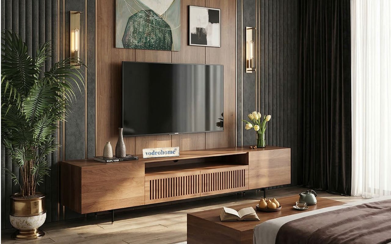 vodrohome modern tv unit cabinet with 7 compartments – solid acacia wood tvc in walnut finish – tv consol table with set up box shelf  TV#007