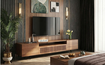 vodrohome modern tv unit cabinet with 7 compartments – solid acacia wood tvc in walnut finish – tv consol table with set up box shelf  TV#007