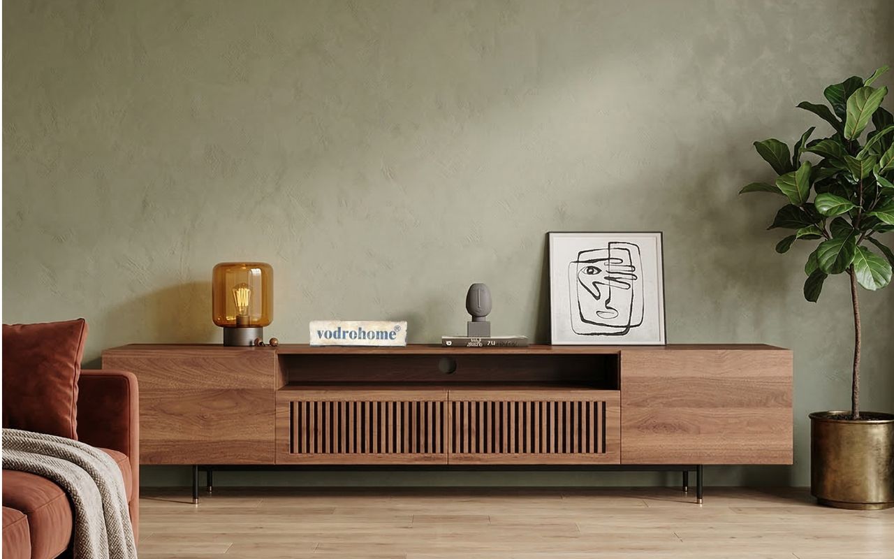 vodrohome modern tv unit cabinet with 7 compartments – solid acacia wood tvc in walnut finish – tv consol table with set up box shelf  TV#007