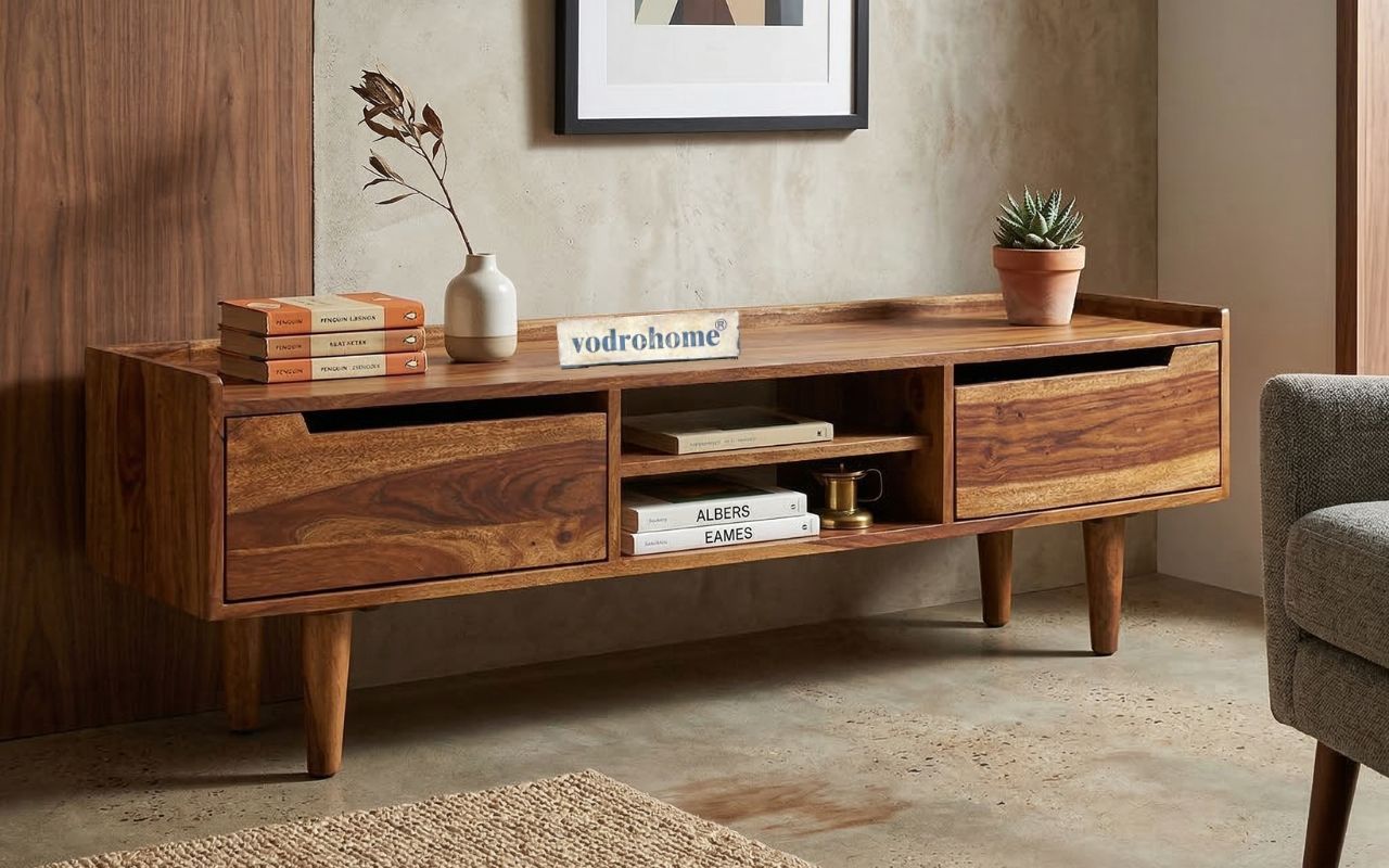 vodrohome Honey tv unit cabinet with cupboard – solid sheesham wood tvc – tv consol table with set up box shelf  TV#015