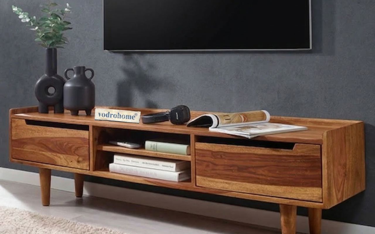 vodrohome Honey tv unit cabinet with cupboard – solid sheesham wood tvc – tv consol table with set up box shelf  TV#015