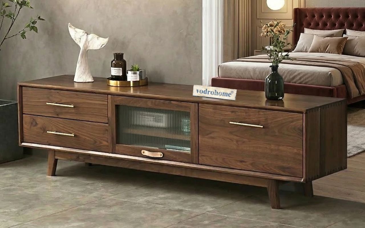 vodrohome modern tv unit cabinet walnut finish – solid acacia wood tvc with Flip-Up Doors – tv consol table with set up box shelf  TV#010