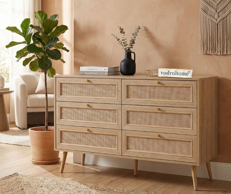 vodrohome solid wood side board with six drawers – sage green chest of drawer with 6 drawers - Woven Rattan 6 Drawer Dresser with soft closer SB#006