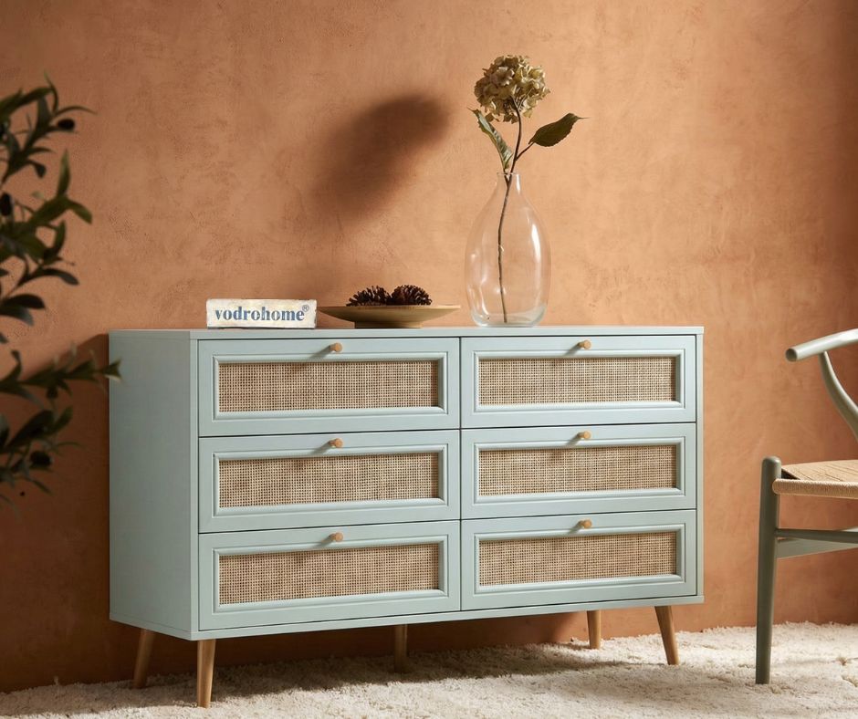 vodrohome solid wood side board with six drawers – sage green chest of drawer with 6 drawers - Woven Rattan 6 Drawer Dresser with soft closer SB#006