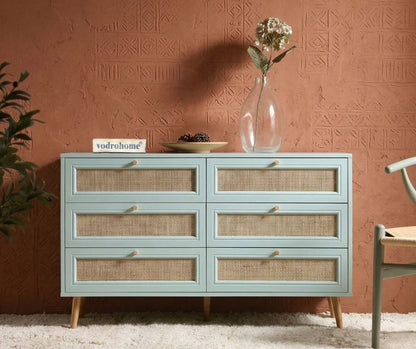 vodrohome solid wood side board with six drawers – sage green chest of drawer with 6 drawers - Woven Rattan 6 Drawer Dresser with soft closer SB#006