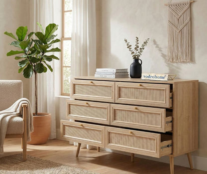 vodrohome solid wood side board with six drawers – sage green chest of drawer with 6 drawers - Woven Rattan 6 Drawer Dresser with soft closer SB#006